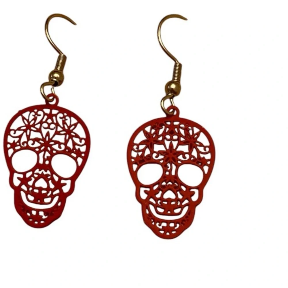 Red Sugar Skull Dangle Earrings